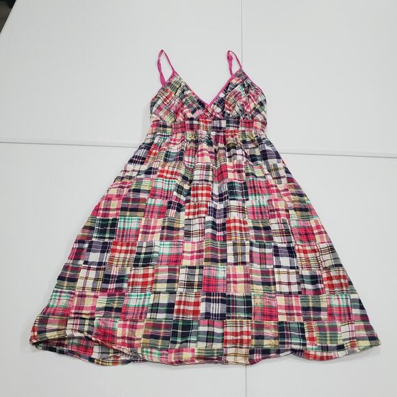 Y2K Madras Patchwork Dress Womens Small Plaid Sundress Babydoll Pink Trim - Picture 1 of 9